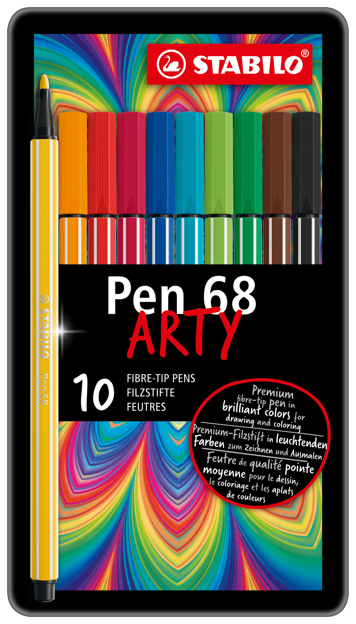 STABILO Pen 68 Fibre Tip Pen - ARTY -Assorted Colours (Tin Of 10 ...